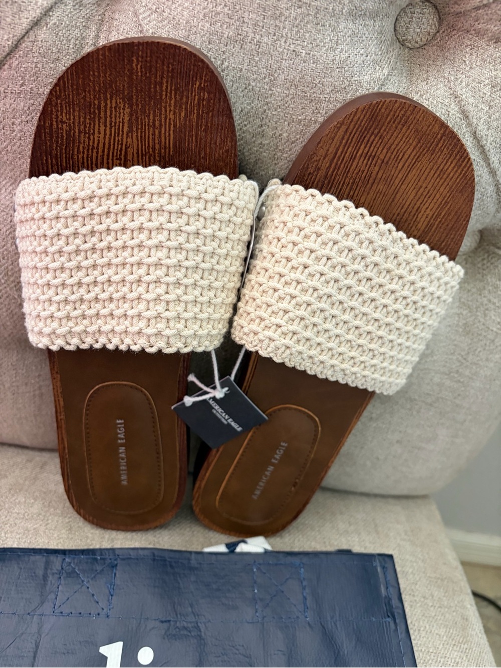 American Eagle Outfitters Cream Crochet Slide Sandals with Brown Footbed